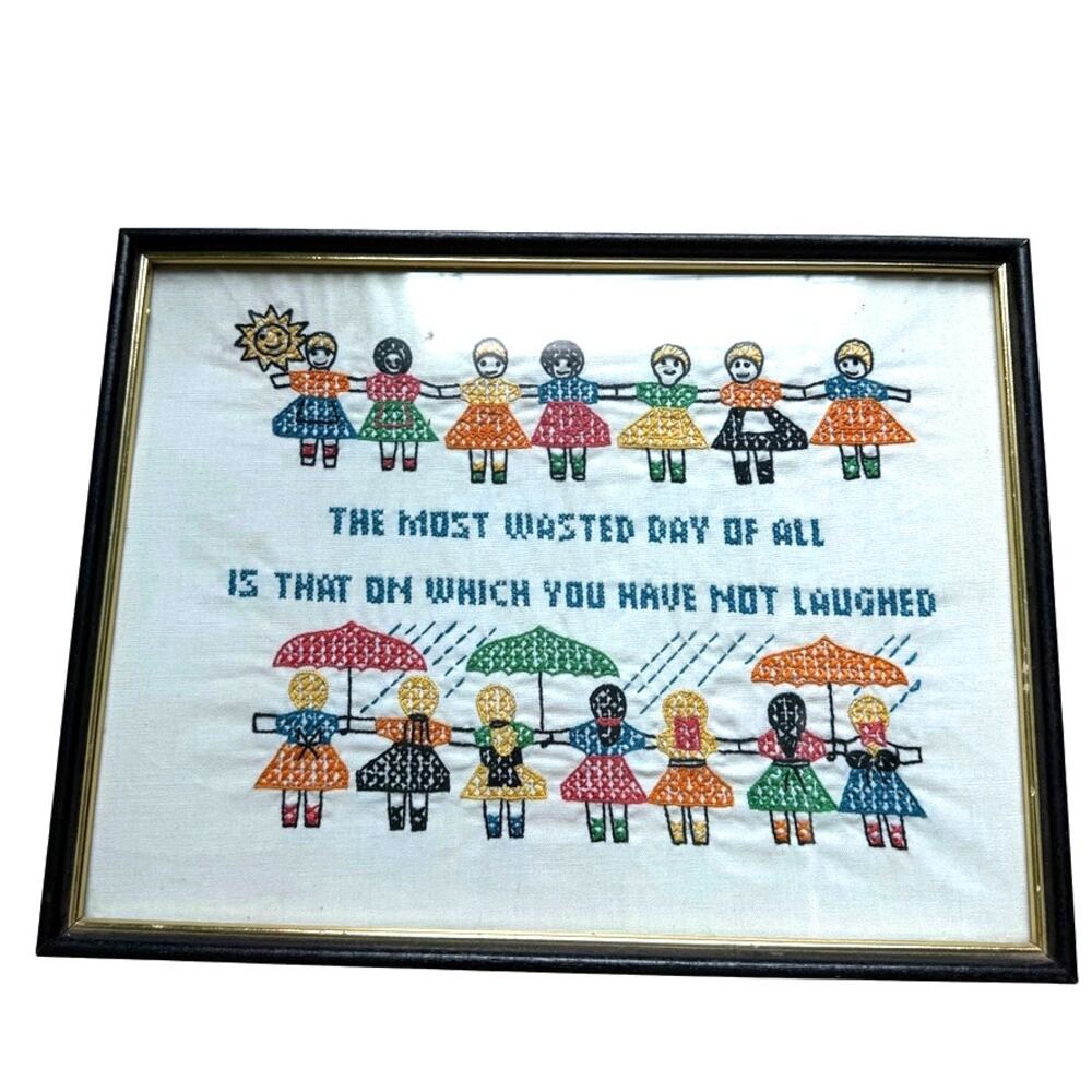 Erica Wilson Crewel Embroidery Framed Sampler Finished Needlepoint Art Quote